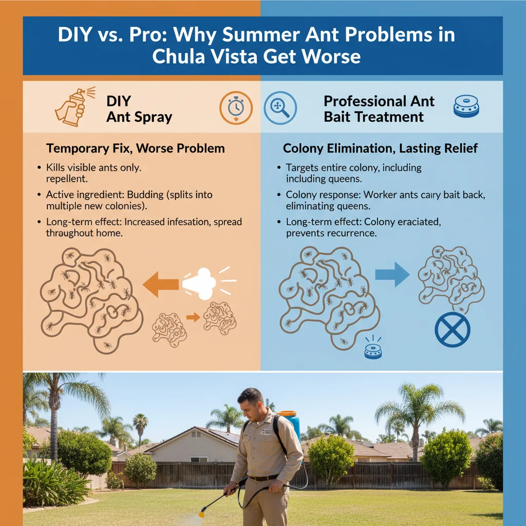 Infographic comparing DIY ant sprays to professional ant bait treatments for Argentine ants, showing how sprays cause budding and worsen infestations, while professional methods eliminate the colony.