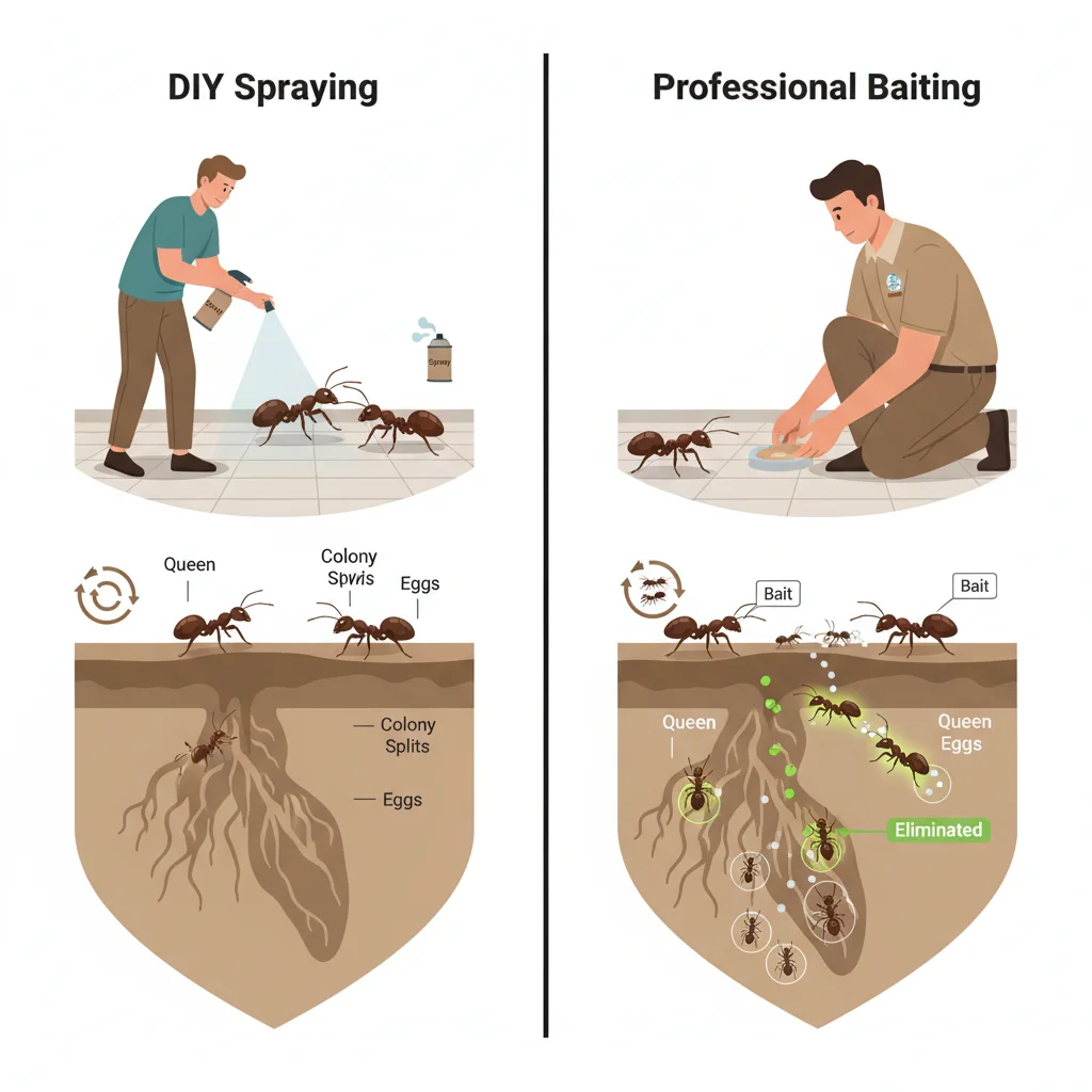 Diagram comparing professional ant baiting to DIY spray effects on a colony.
