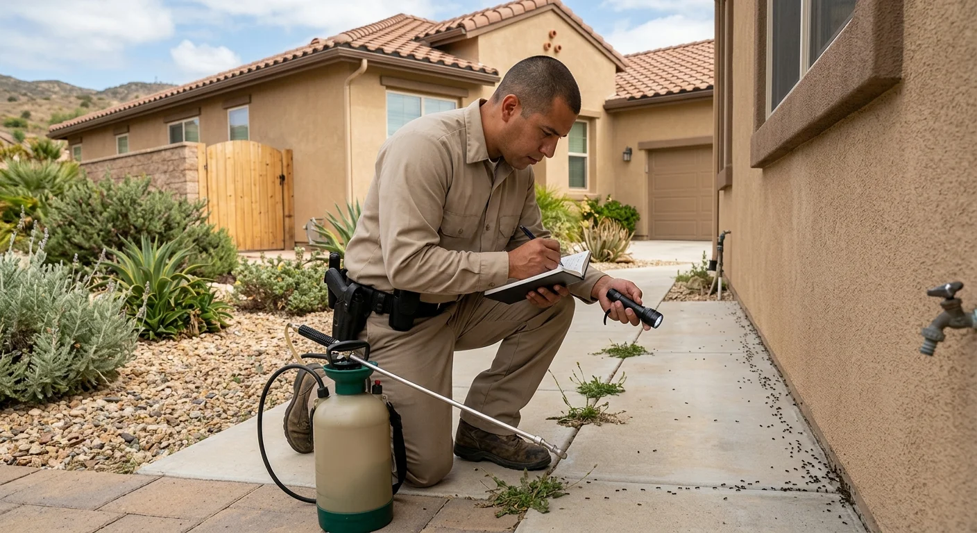 Licensed pest pro documenting an ant trail at an El Cajon home exterior