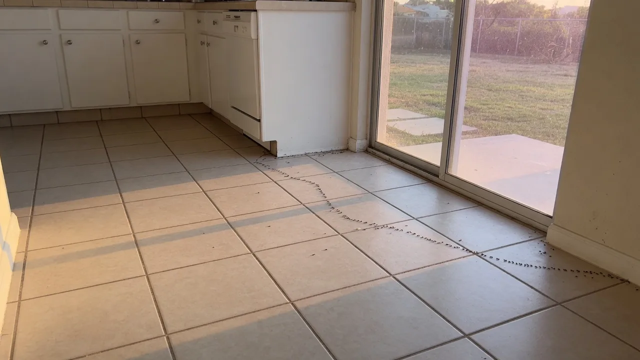 A Vista kitchen baseboard and sliding-door track in late inland light