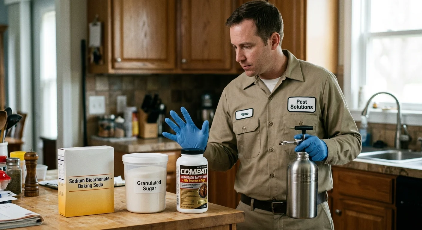Unbranded baking soda box beside sugar and a registered cockroach product label