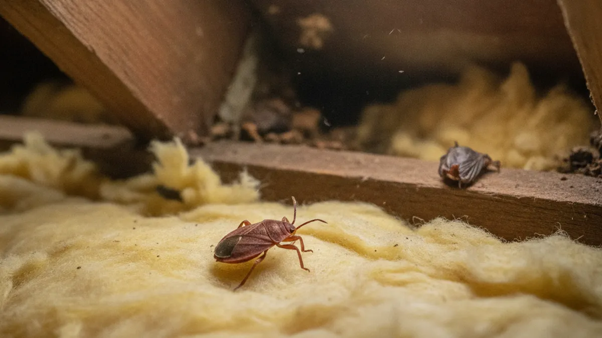 A close-up of a reddish-brown bat bug on attic insulation near a gap where bats have roosted in an older San Diego home