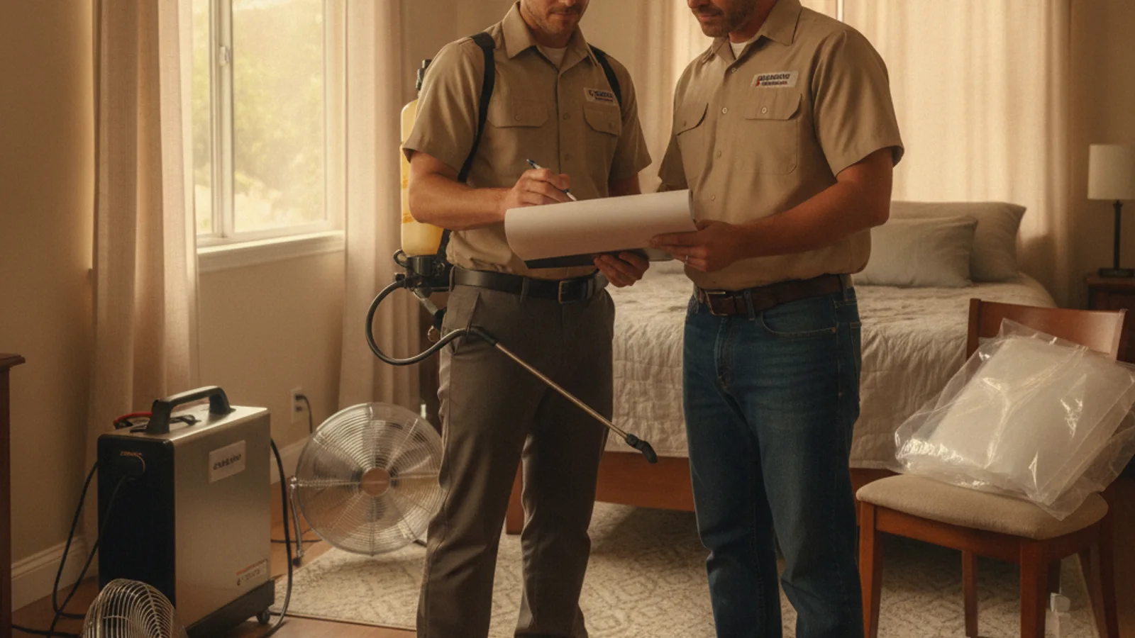 A pest professional and a homeowner reviewing an unbranded treatment plan at a kitchen table