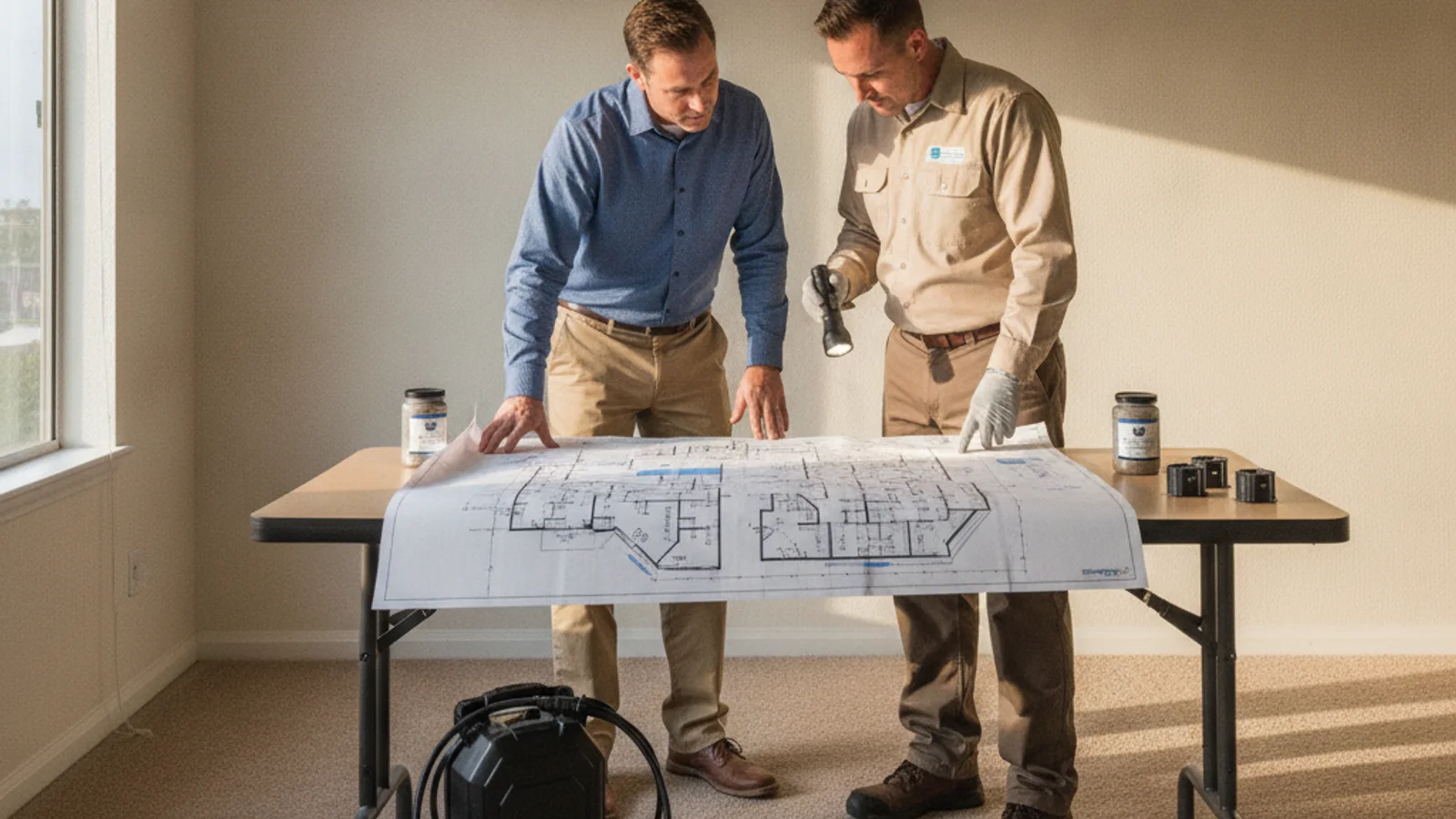 A property manager and a licensed pest professional reviewing an unbranded apartment inspection map