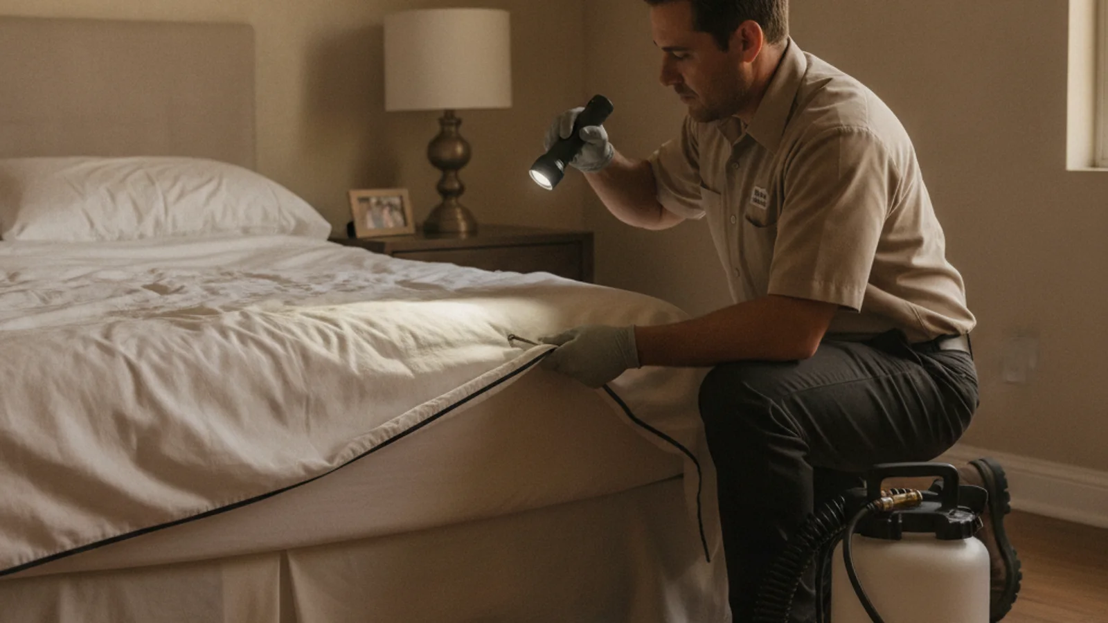 A gloved hand holding a flashlight along a white mattress seam beside pulled-back sheets