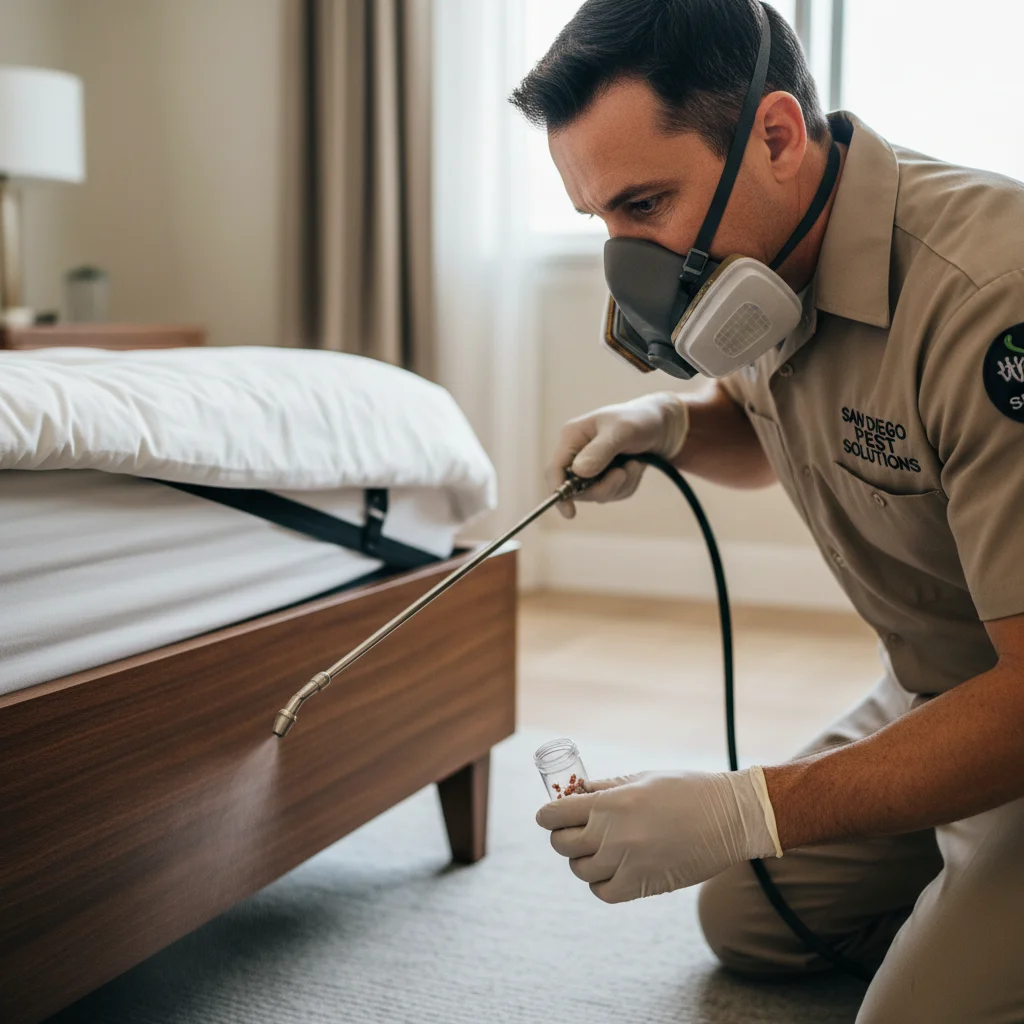 A pest control technician inspecting a San Diego home to set an accurate treatment price.