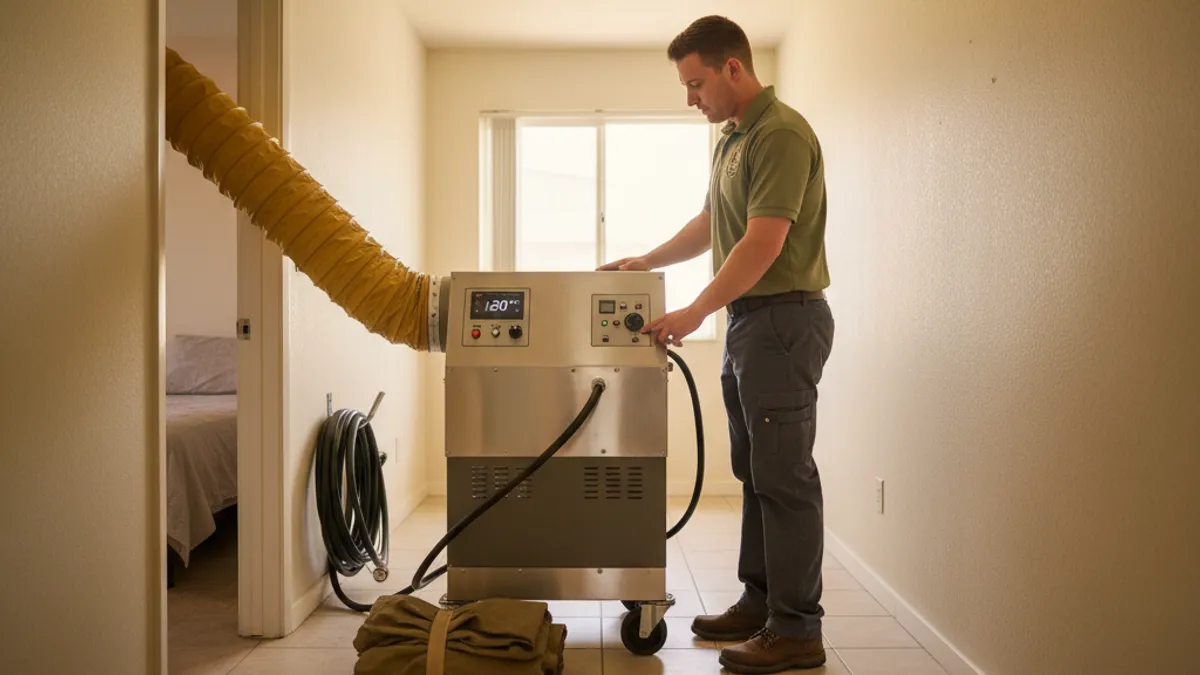 A technician running a portable heat treatment unit into a San Marcos apartment bedroom.