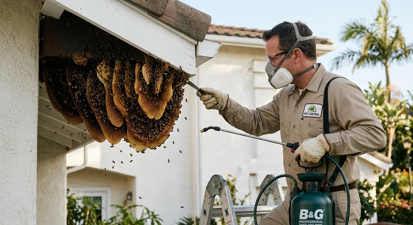 A close-up of a honeybee hive built inside the eave of a San Diego home.