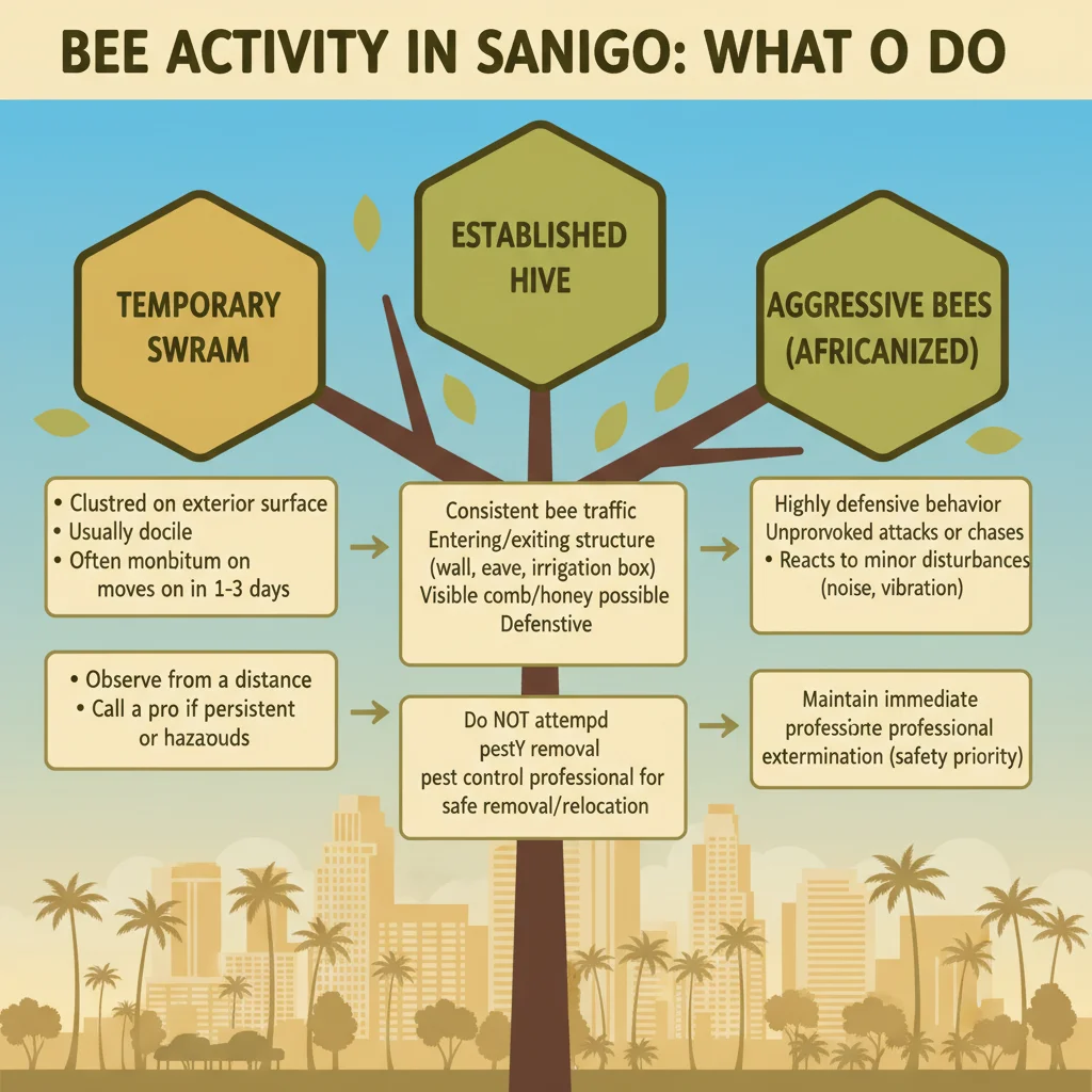 A decision tree illustrating the differences between a bee swarm, an established hive, and aggressive Africanized bees, with recommended actions for each scenario.
