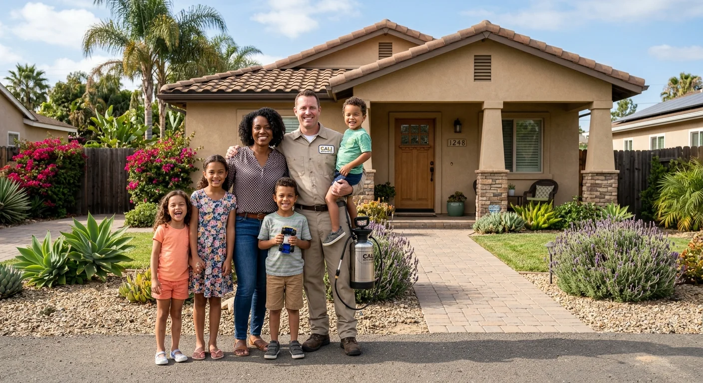 A friendly photo of a diverse family standing outside their Escondido home, smiling