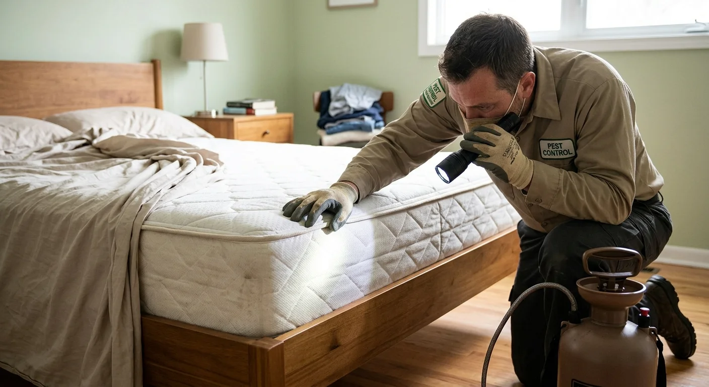 A licensed pest professional inspecting mattress seams with a flashlight