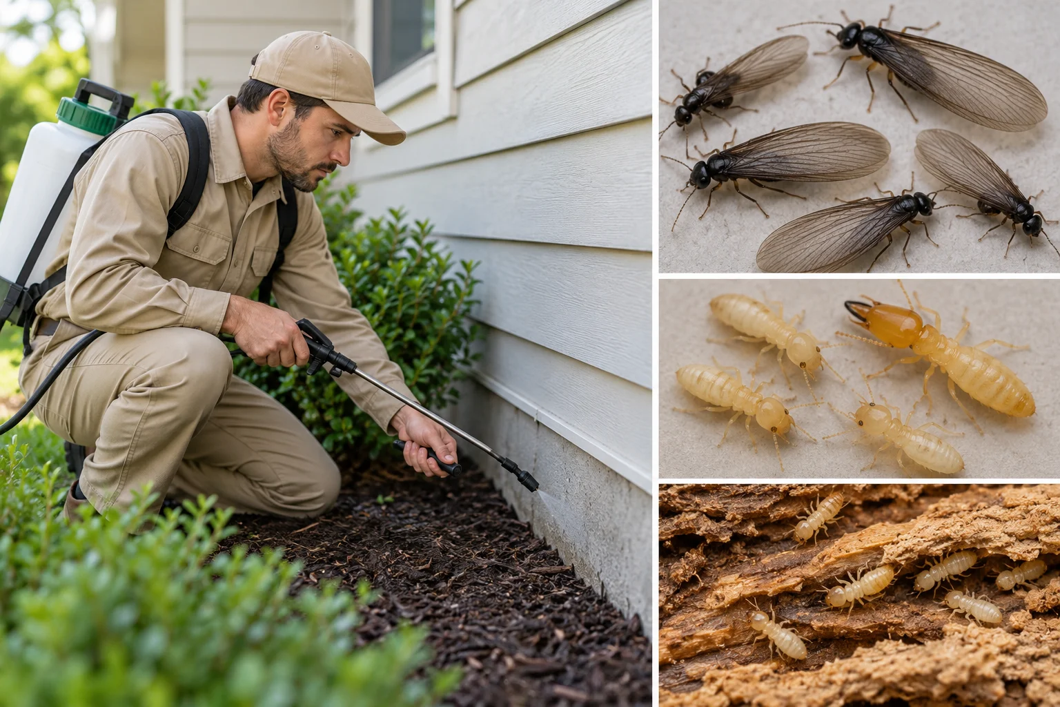 Several dark winged insects and termite specimens shown separately on a neutral surface
