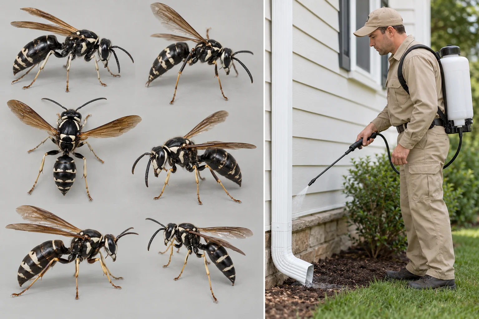 Several black and white wasps shown separately for identification