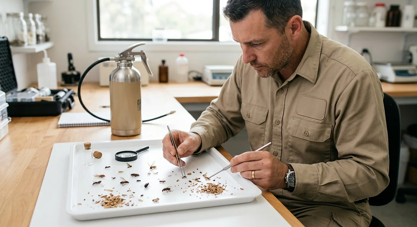 Winged insects and wood debris laid out for identification on a clean surface