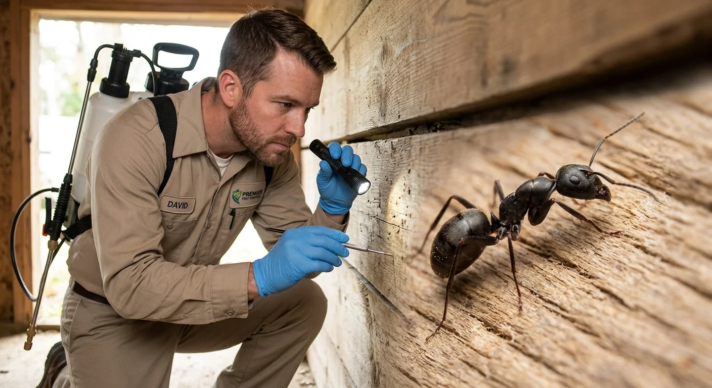 Close-up of a black carpenter ant on wood, showing its distinct single-node waist.
