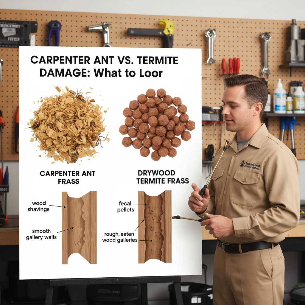 Infographic comparing carpenter ant frass (sawdust) and drywood termite frass (pellets).