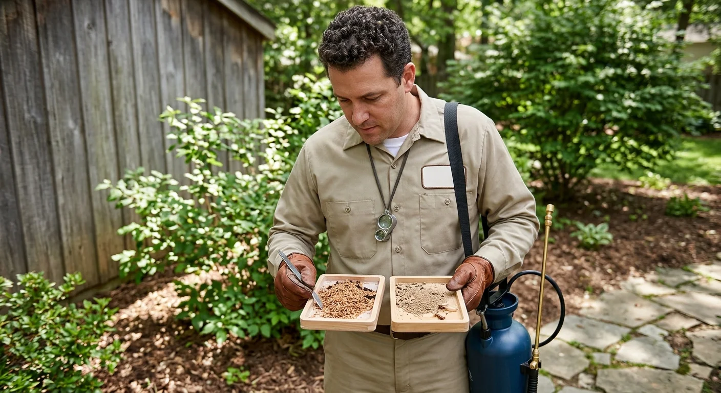 Side-by-side inspection of wood debris and possible termite evidence