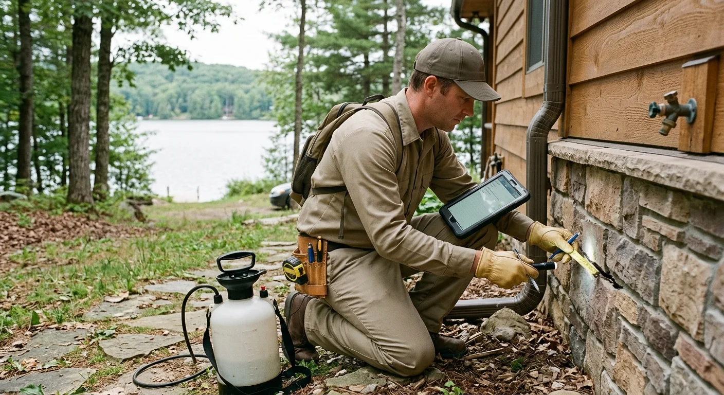 A pest professional documenting exterior gaps at a Lakeside home