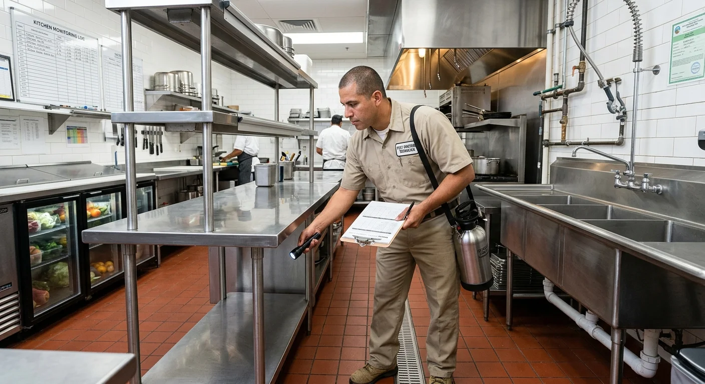 A pest professional reviewing monitoring records in a commercial kitchen