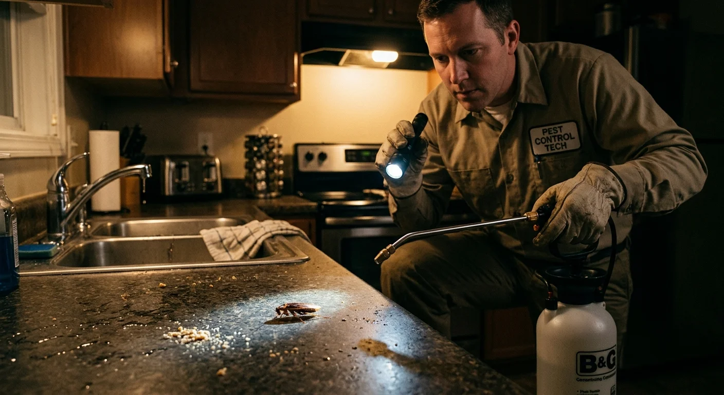 A close-up of a German cockroach on a kitchen counter at night.