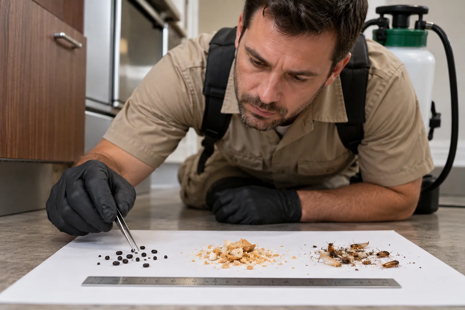 Possible cockroach droppings beside crumbs and other insect debris
