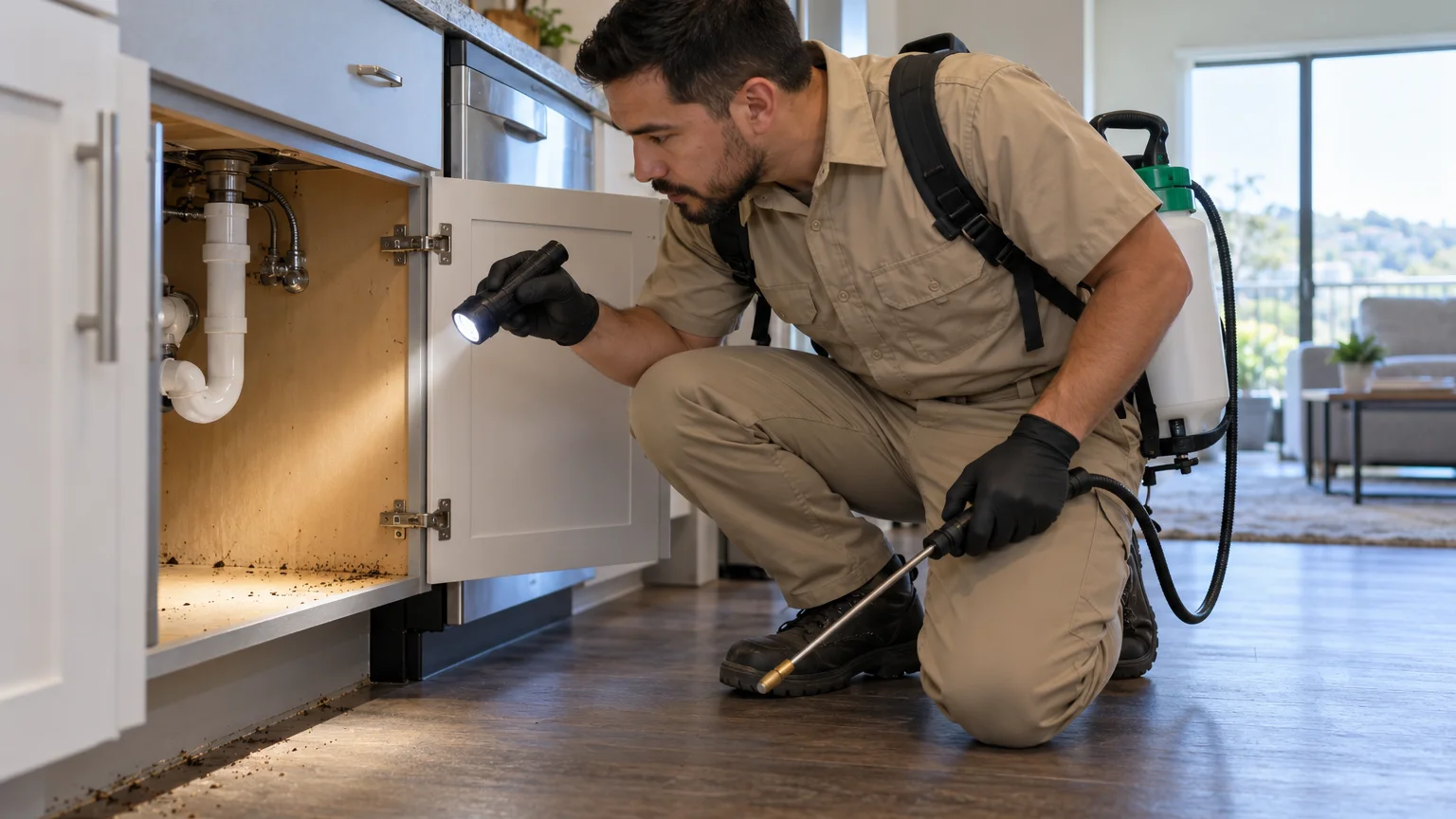 Pest professional documenting evidence inside an apartment cabinet