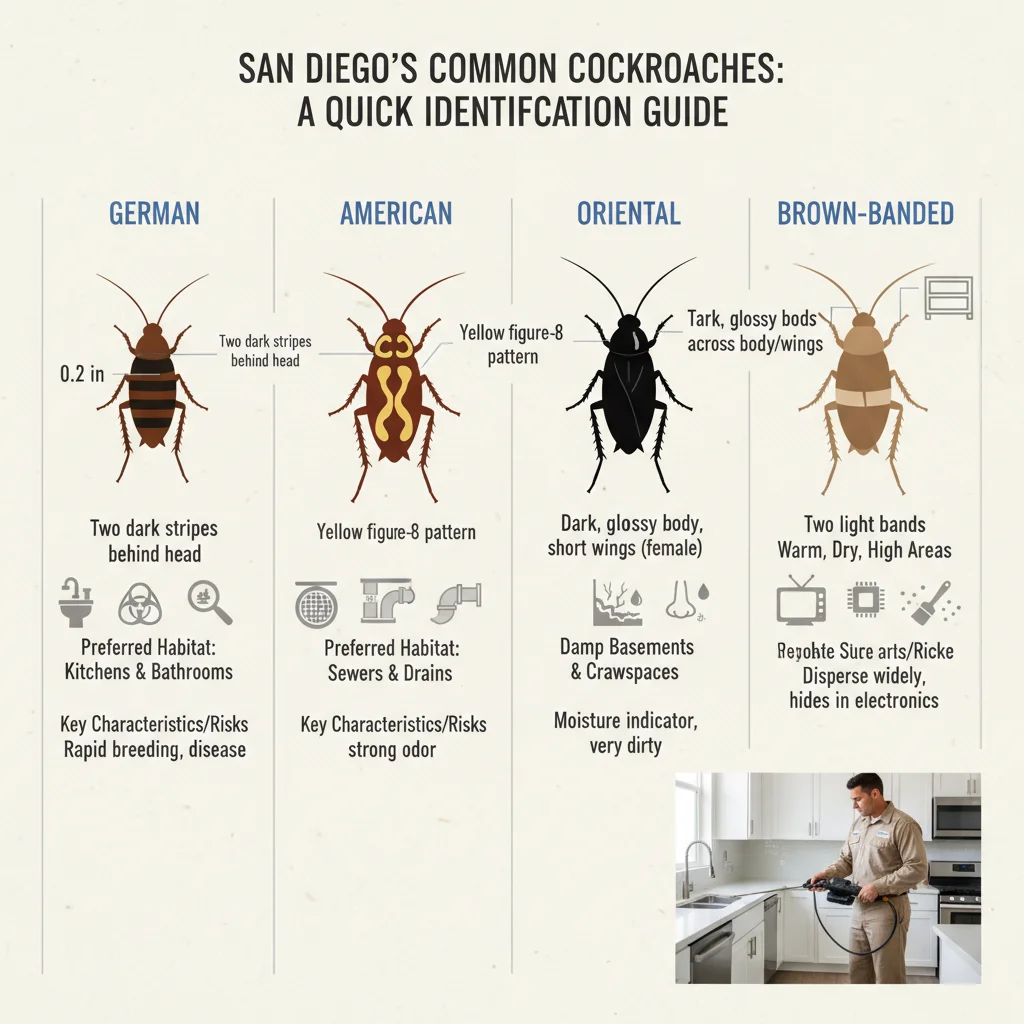 Infographic detailing physical characteristics, habits, preferred habitats, and common risks associated with German, American, Oriental, and Brown-banded cockroaches found in San Diego.