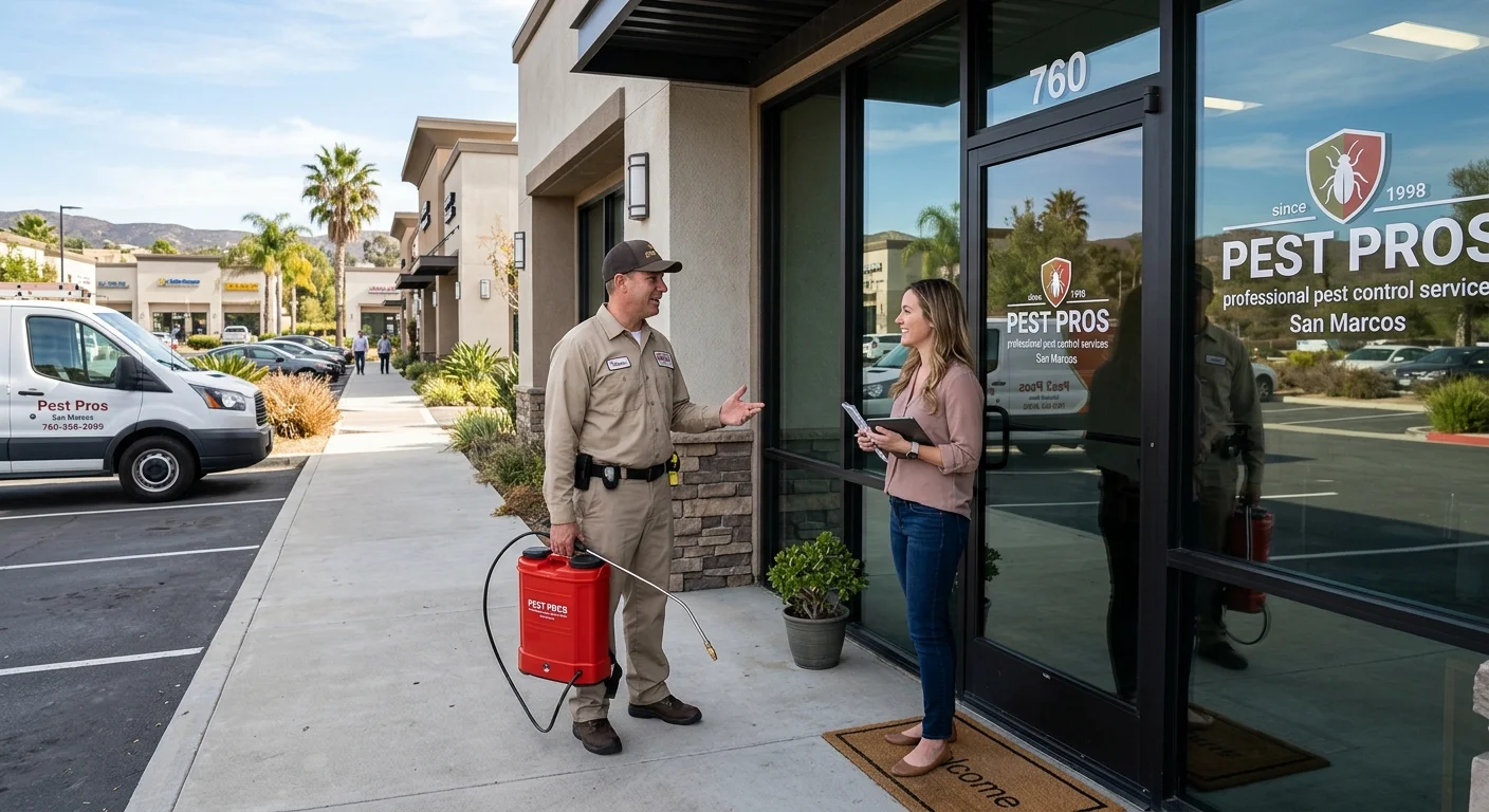 A clean, modern storefront in a San Marcos business park, with a Pest Pros technician speaking with the business owner near the entrance.