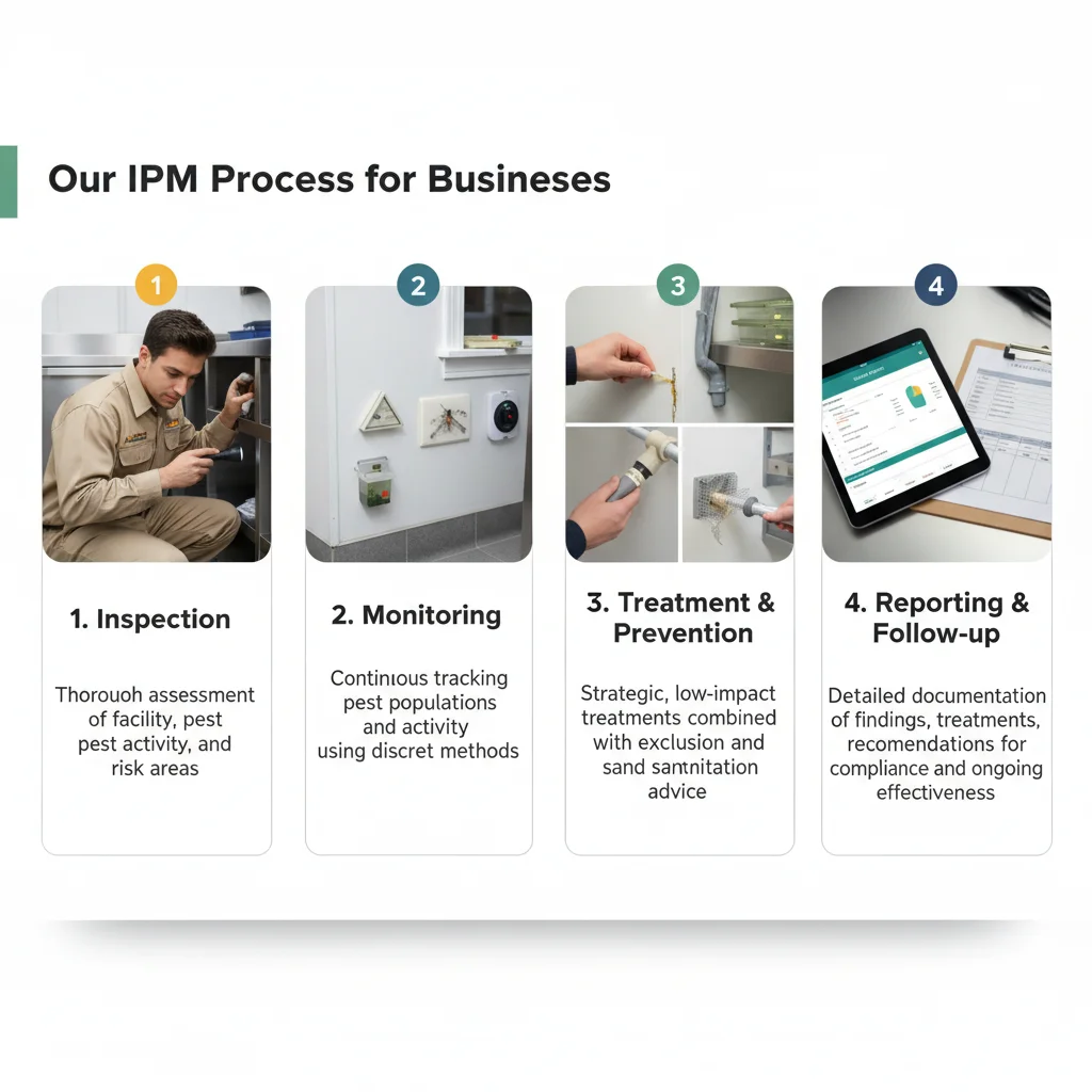 Infographic titled 'Our IPM Process for Businesses' showing icons for Inspection, Monitoring, Treatment, and Reporting, detailing each step.