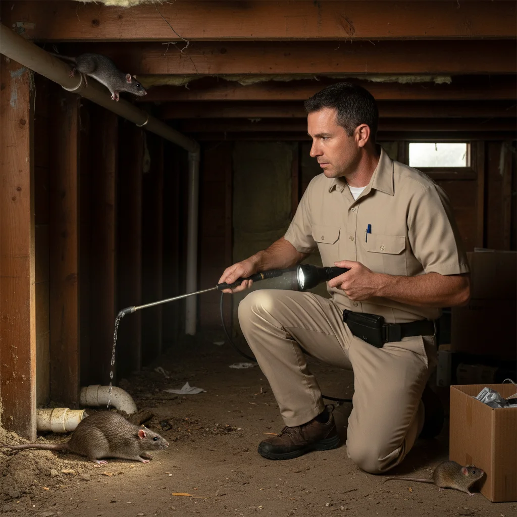 A roof rat perched on a wooden beam, looking alert