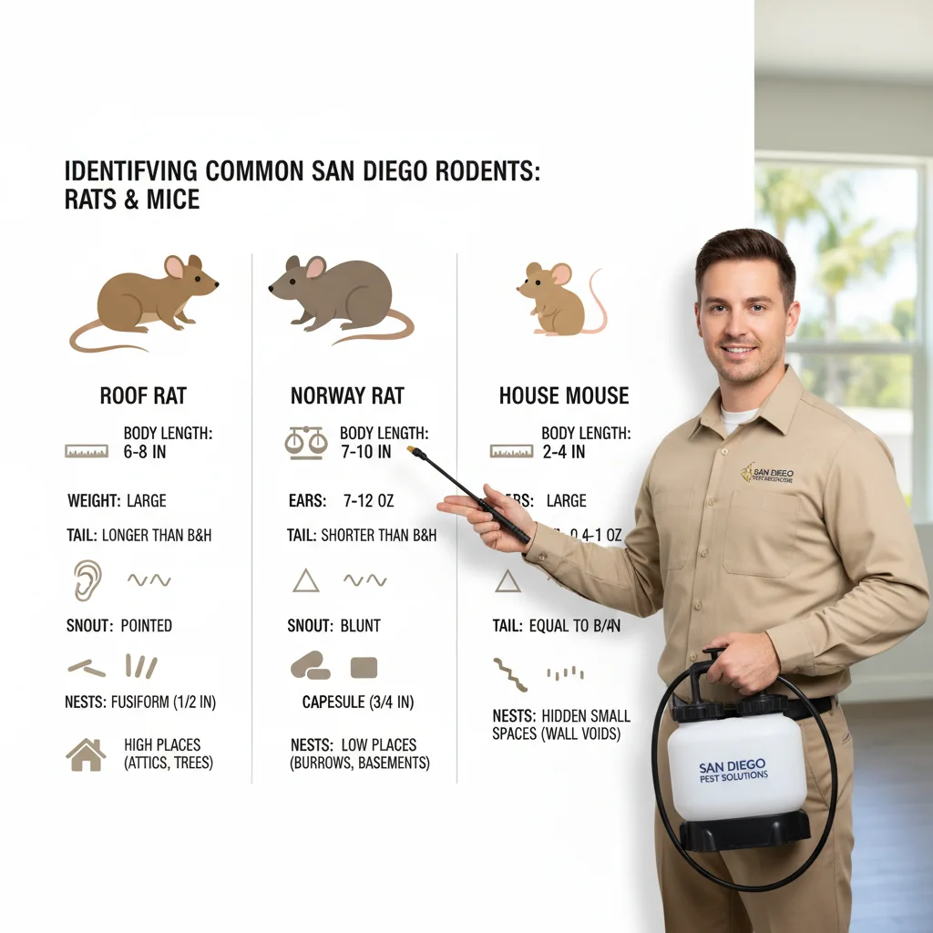 Infographic comparing roof rats, Norway rats, and house mice by size, ears, tail, droppings, and nesting habits.