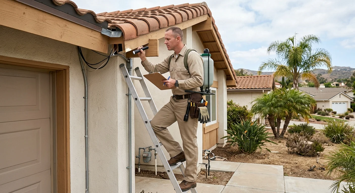 A rodent control professional documenting entry gaps at a San Diego home