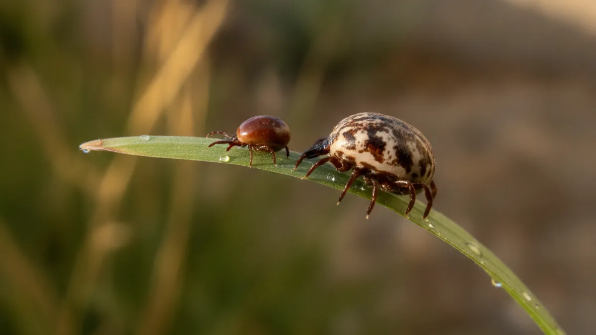 A close-up comparison of a small reddish-brown western black-legged tick next to a larger brown dog tick on a blade of grass in a San Diego backyard