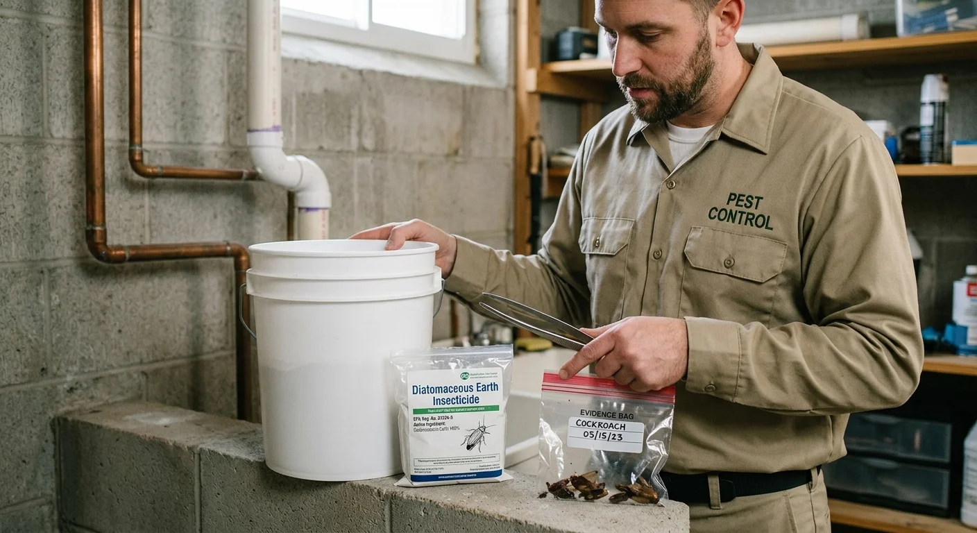 Unbranded diatomaceous earth container beside its registered pesticide label