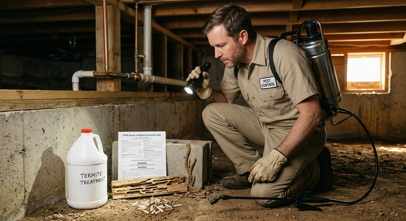 An unbranded termite product beside a label and possible termite evidence