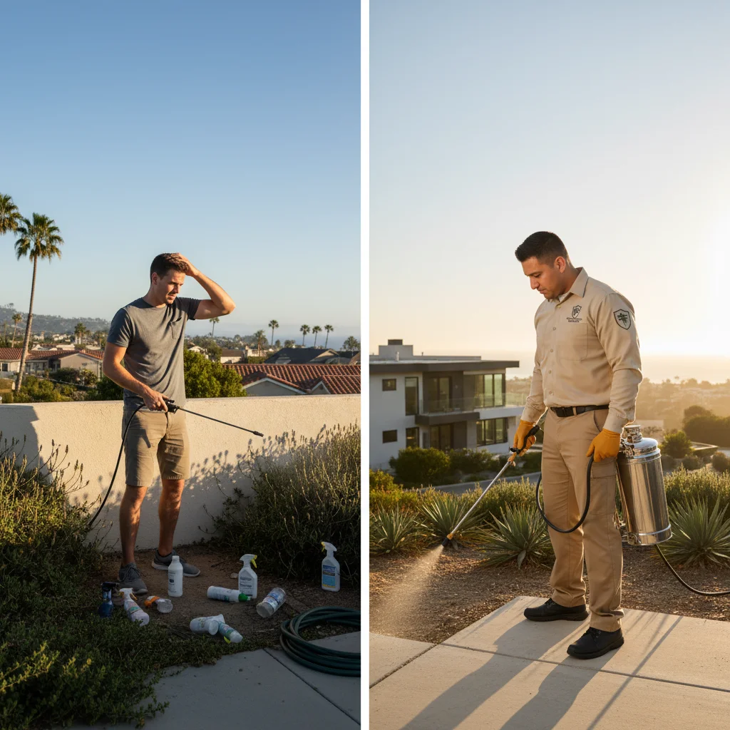 A person in gloves spraying a DIY pest control product near a home's foundation.
