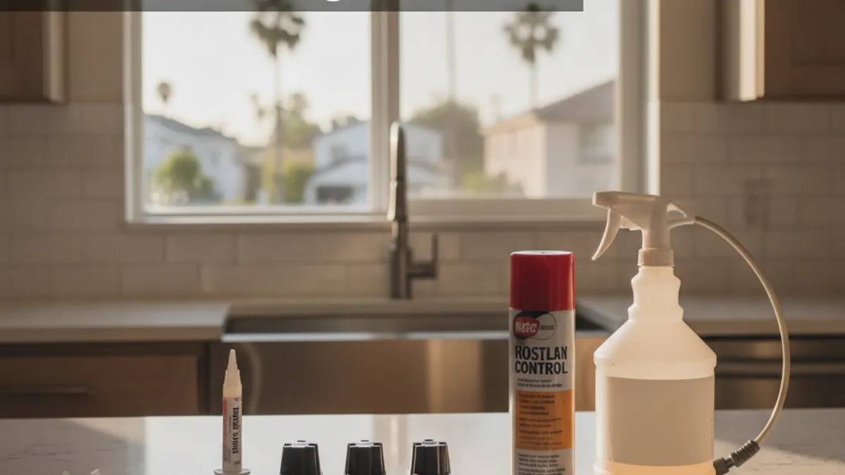 A row of store-bought roach control products, a gel bait syringe, bait stations, and an aerosol spray can, on a kitchen counter