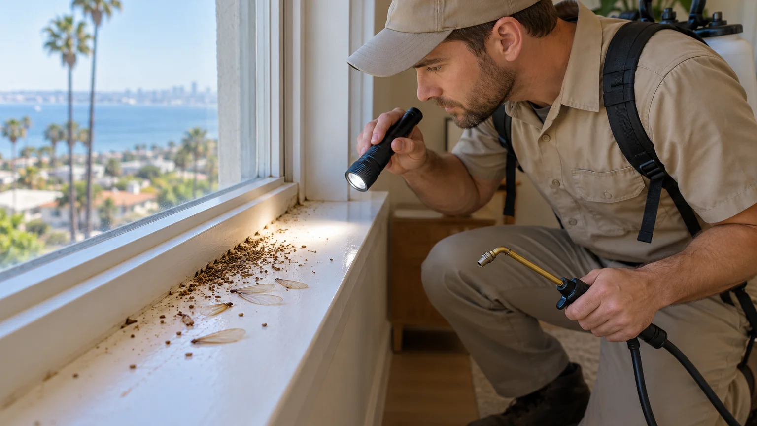 Drywood termite pellets and shed wings on a San Diego windowsill