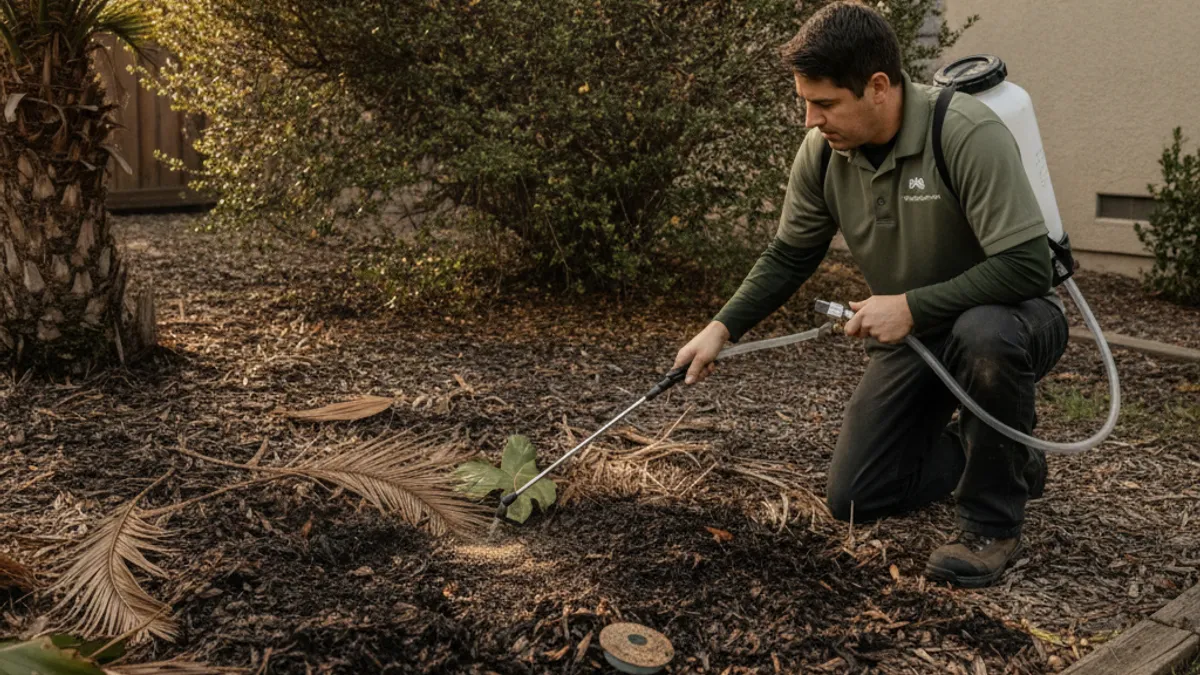 Damp mulch and leaf litter in a San Diego garden bed during a mild winter morning, the kind of cover earwigs use year-round