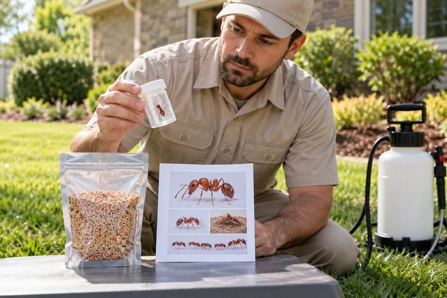 Unbranded fire ant bait package beside its label and a sealed ant specimen