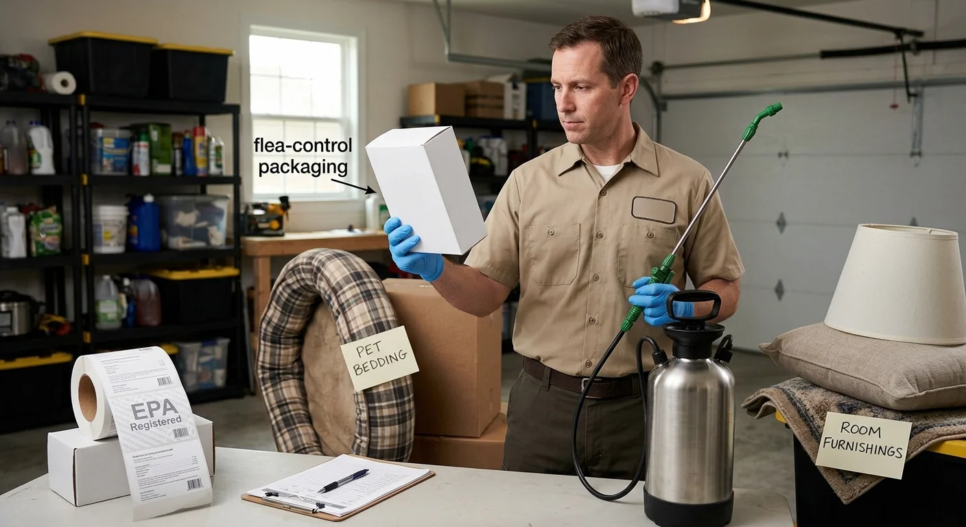 Unbranded flea-control packaging beside pet bedding and room furnishings