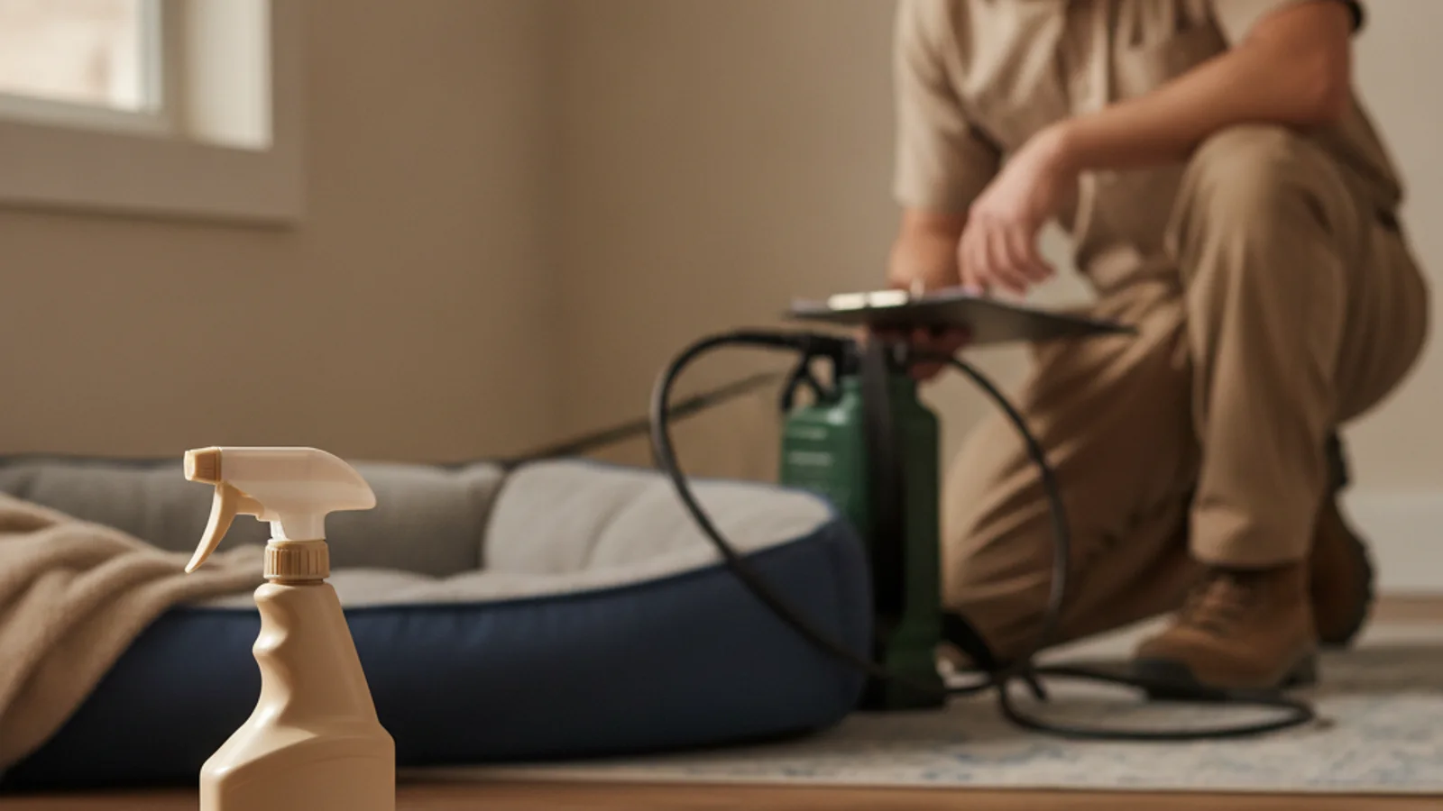 An unbranded household flea spray bottle sitting beside its product label and folded pet bedding