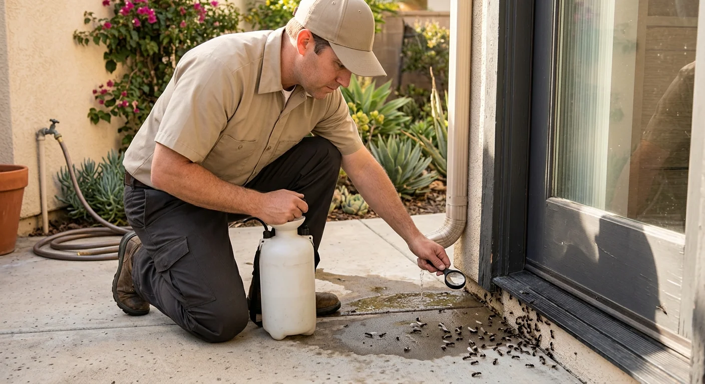 Winged ants on a San Diego patio threshold after watering