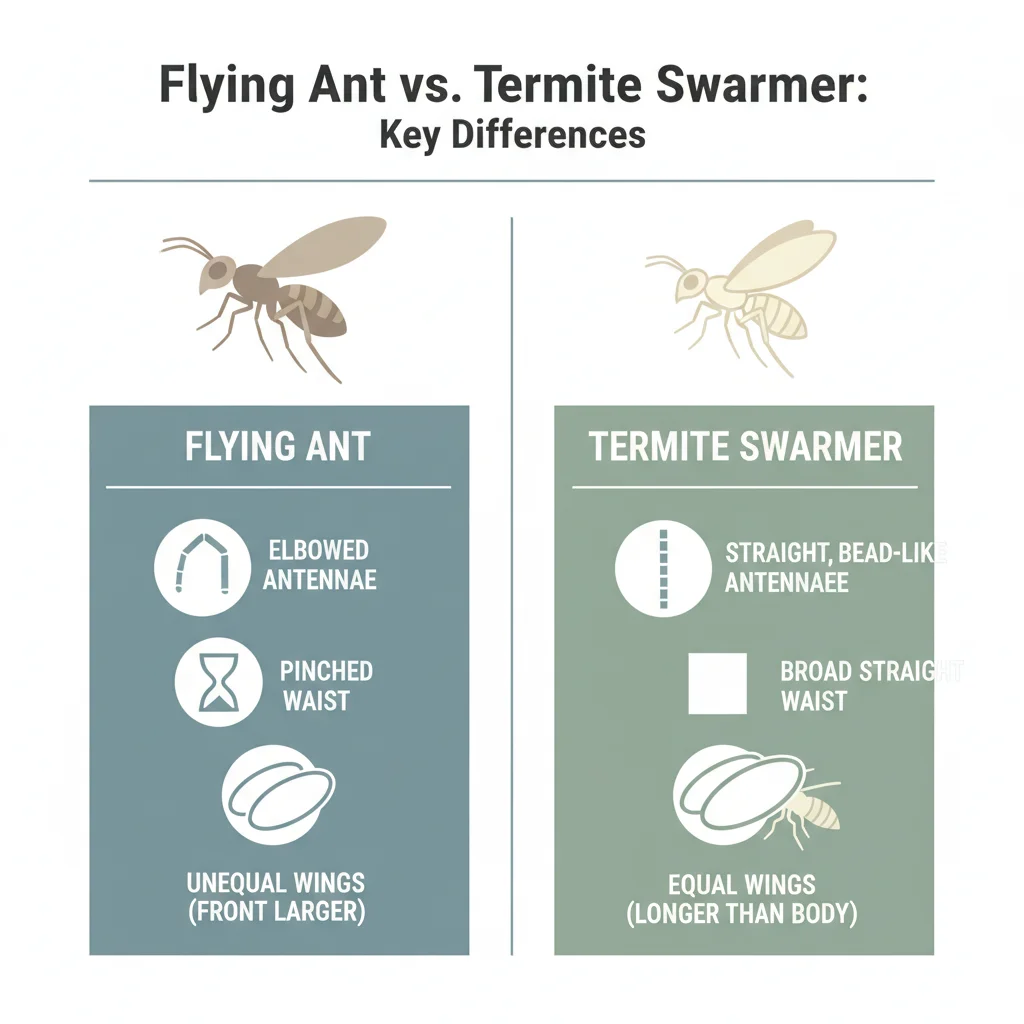 A diagram illustrating the straight antennae and thick waist of a termite versus the elbowed antennae and pinched waist of an ant.