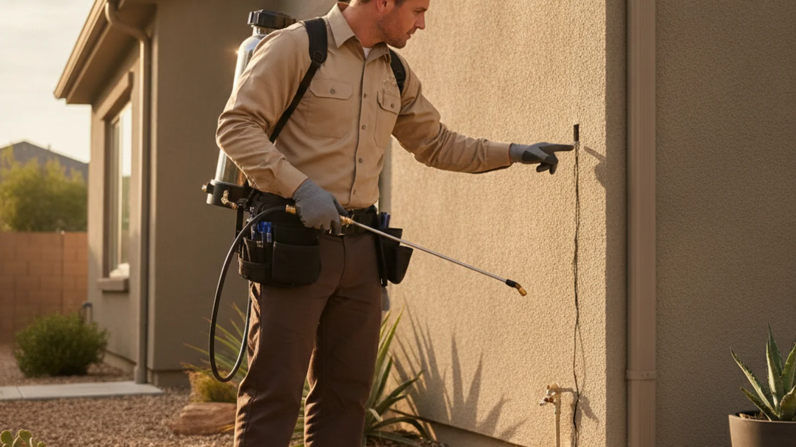 A pest control professional checking a gap where a pipe enters an exterior wall beside a hose bib