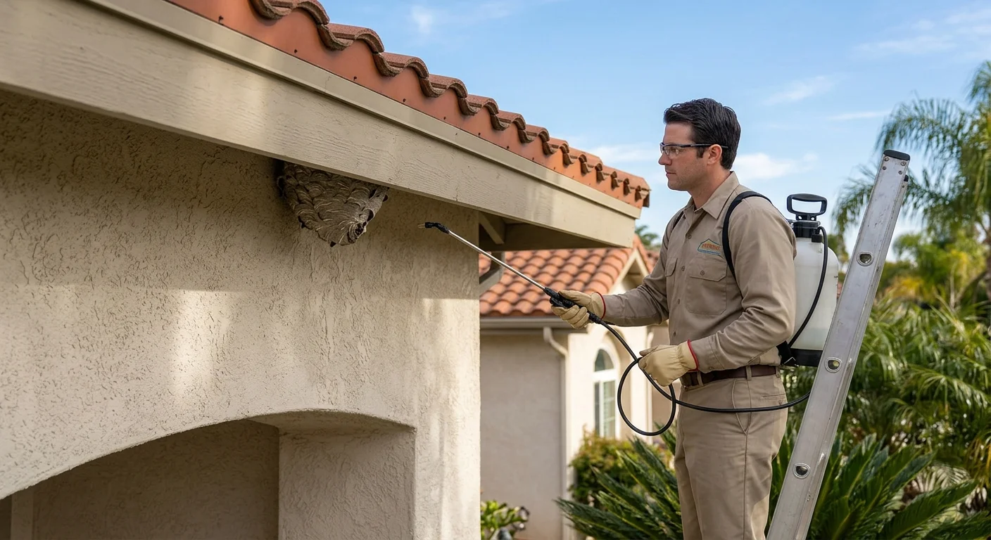 Enclosed paper nest under a San Diego eave, seen from a safe distance