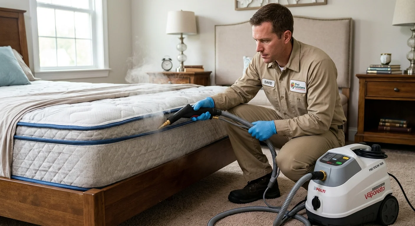 A professional technician using a commercial-grade steamer on a mattress seam in a well-lit bedroom.