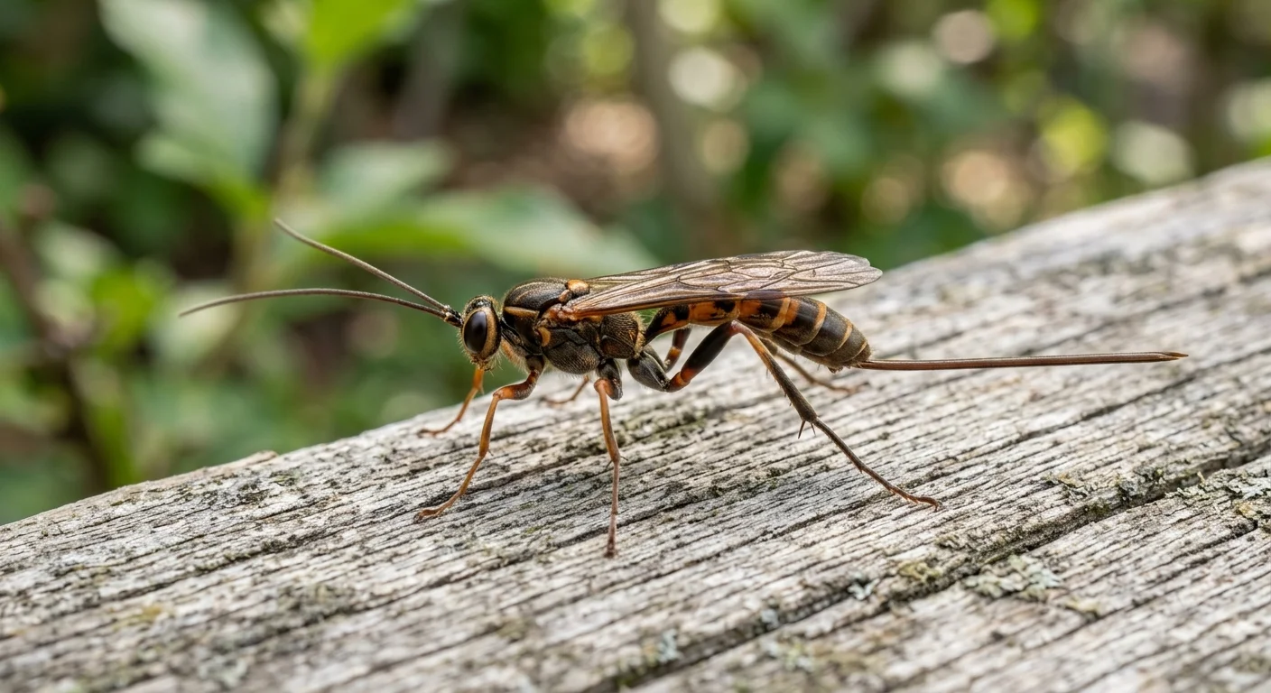 Long-bodied wasp resting on a neutral outdoor surface