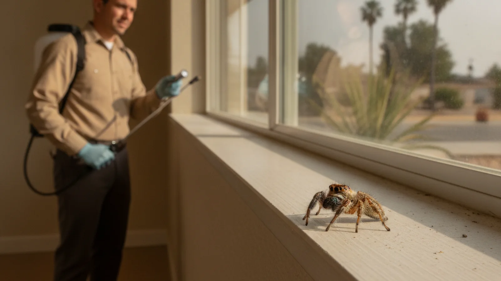 A small compact jumping spider with large forward-facing eyes resting on a residential windowsill