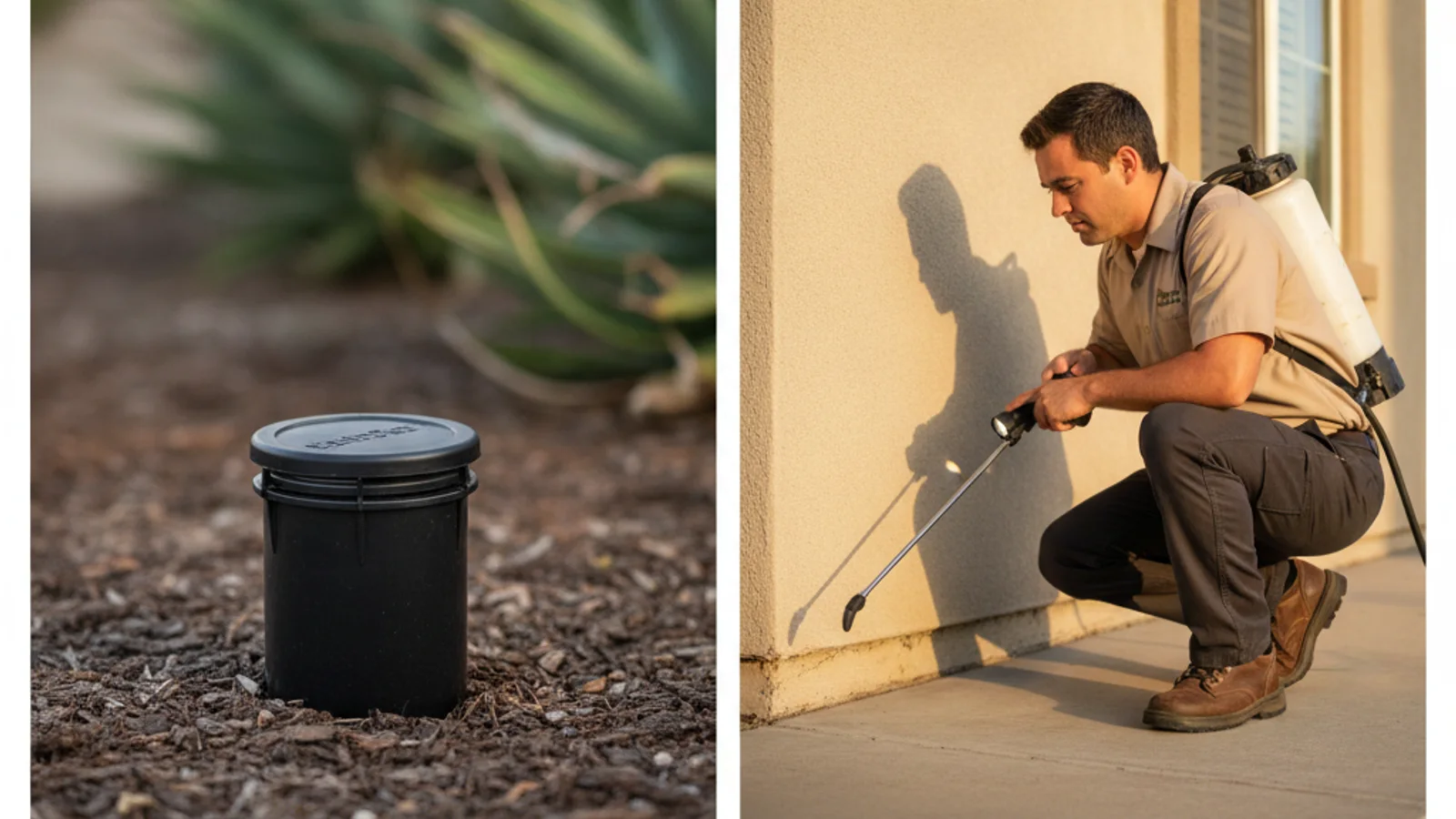 An unbranded in-ground termite bait station beside a home foundation being inspected